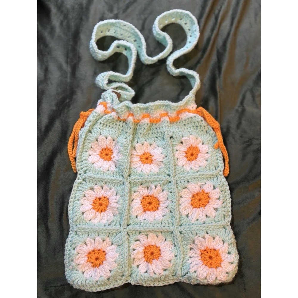 Handmade Crochet Boho Bag Granny Square Mint/Orange Colorful Tie Close‎